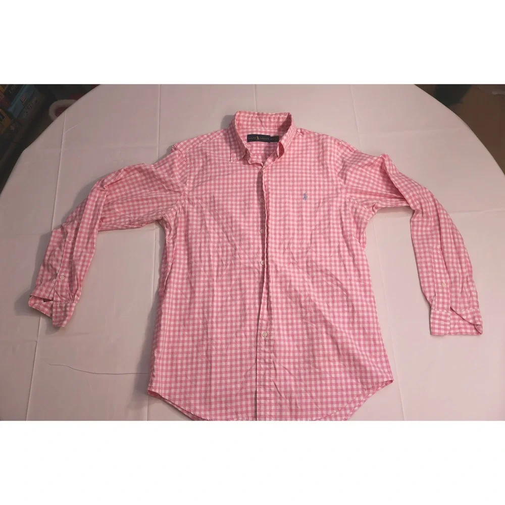 Polo Ralph Lauren Mens Medium Pink Gingham Long Sleeve Button Up Shirt Pony Logo